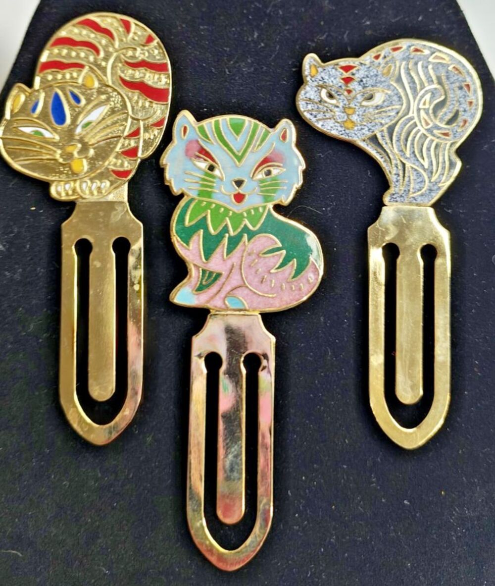 Vintage Lot of 3 Cloisonne Enamel Kitty Cat Bookmarks Book Mark Set Metal 3"